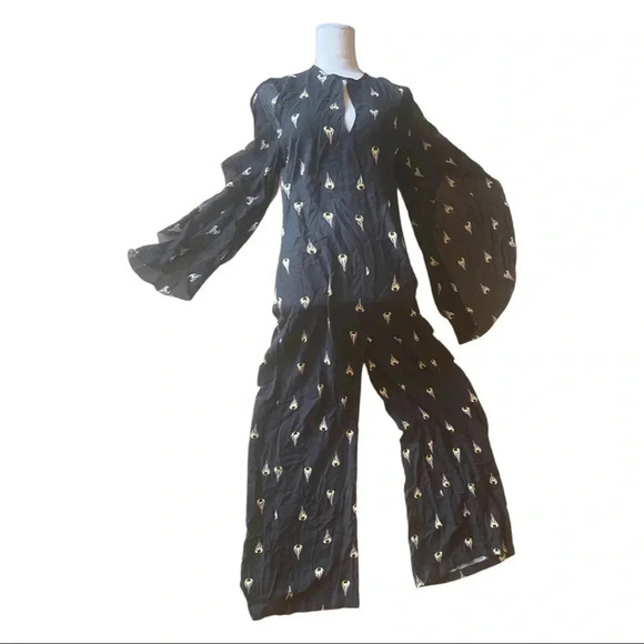 TRUSSARDI JEANS “1987” Heart-Flame Wide-Leg Jumpsuit | Sheer Cape Sleeves - Picture 4 of 14